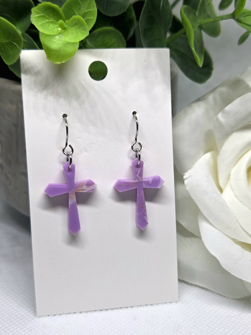 Dainty Purple Cross Dangle Earrings